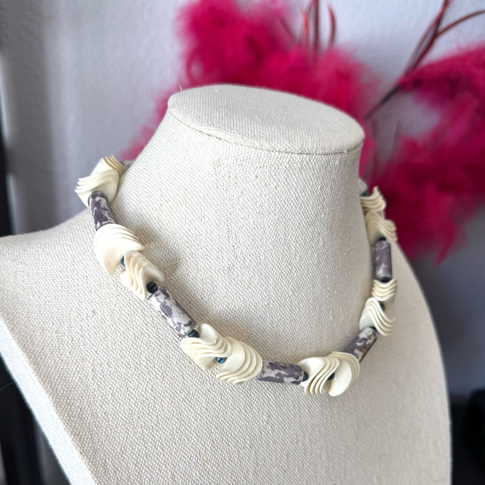 Artisan Cream and Purple Beaded Necklace - Picture 3 of 6